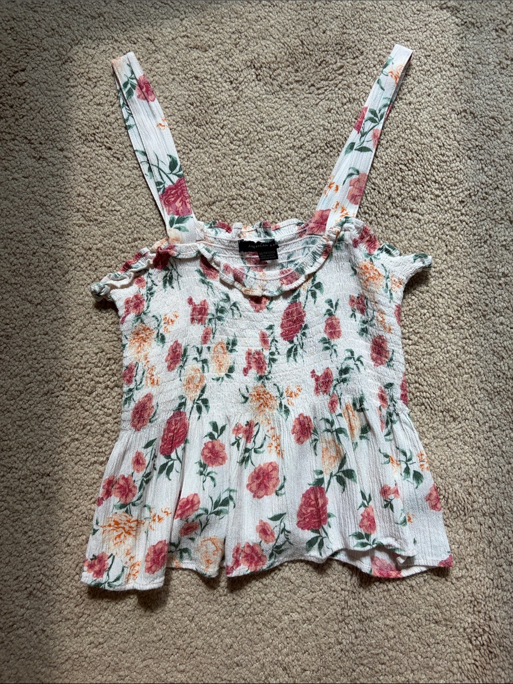American Eagle Outfitters White Floral Smocked Camisole with Pink & Peach Blooms